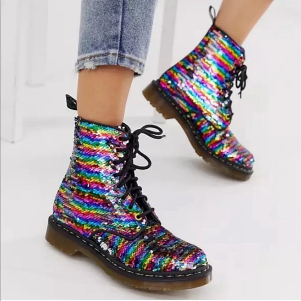 Dr. Martens 1460 Pascal Sequin Boots in Rainbow Multi/ Silver Sequin.. RARE FIND